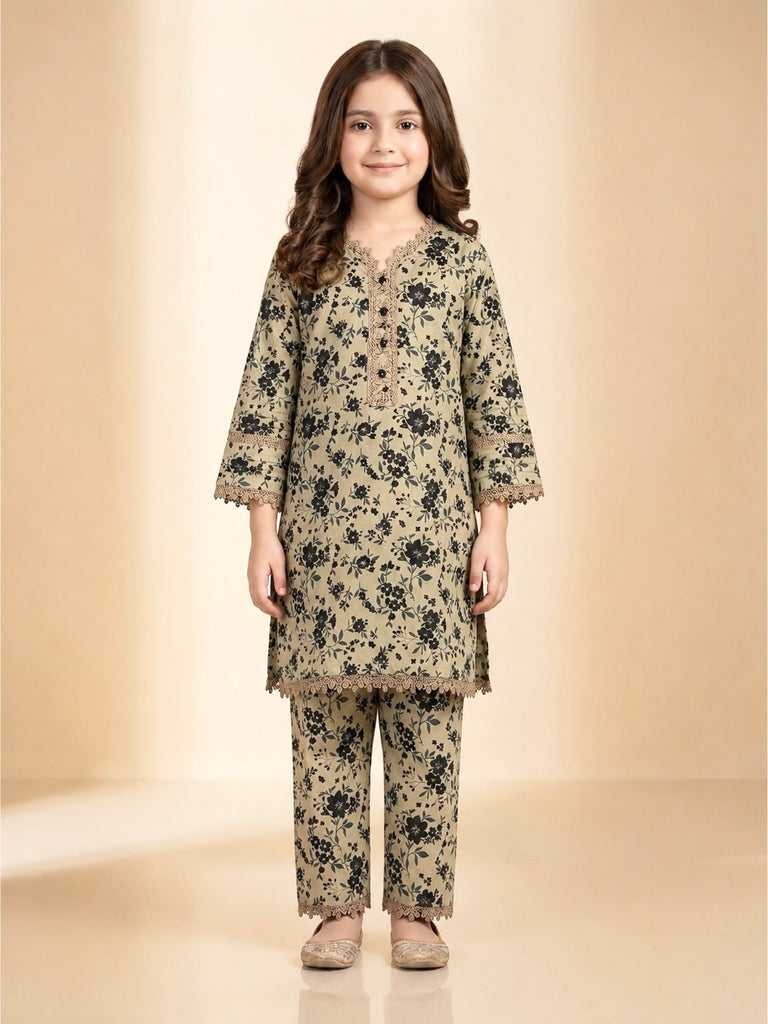 Girls Beige & Black Floral Printed Cotton 2-Piece Suit