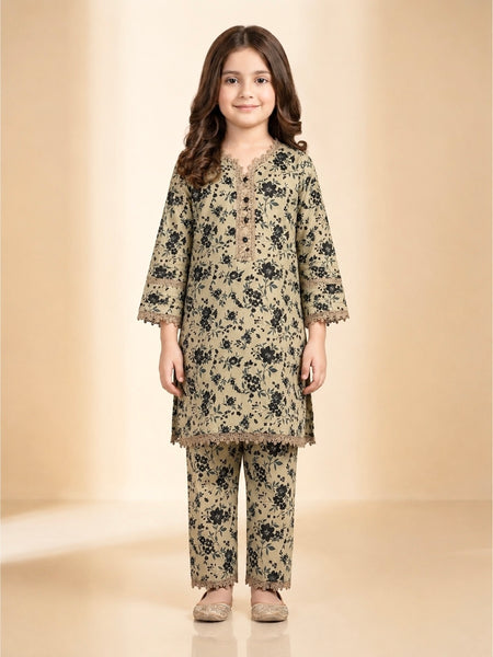 Girls Beige & Black Floral Printed Cotton 2-Piece Suit
